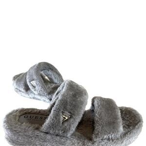 Guess Gray Fuzzy Flatform Strappy Sandals Sz 9 Slides Mules